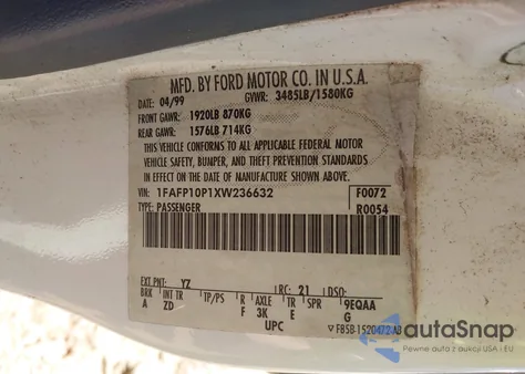 1999 Ford Escort Lx из США, поврежденный, VIN 1FAFP10P1XW236632